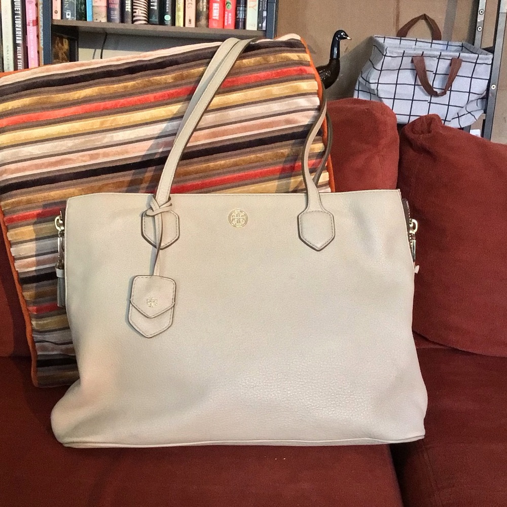Tory Burch Cream Leather Double-Handle Tote with Logo Charm